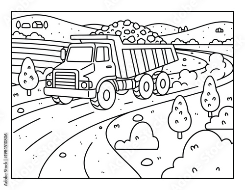 Dump truck coloring page driving on countryside road carrying rocks simple outline