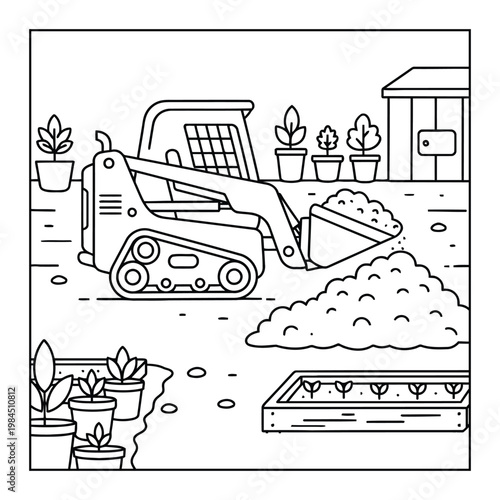 Skid steer loader coloring page working in garden yard with plants scene