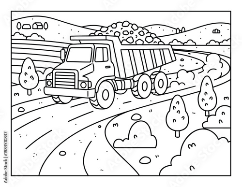 Dump truck carrying rocks on winding countryside road coloring page outline