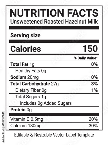 Nutrition facts label for unsweetened roasted hazelnut milk details. cut out isolated illustration on transparent background layout