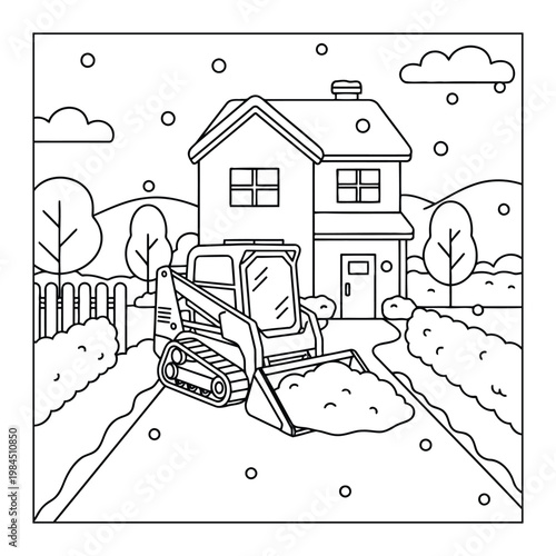 Skid steer loader clearing snow in front of house coloring page winter outline