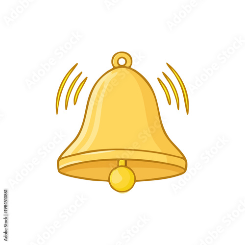 Golden cartoon bell ringing and vibrating with sound waves illustration