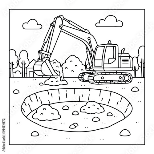 Excavator digging large pit construction site coloring page simple outline