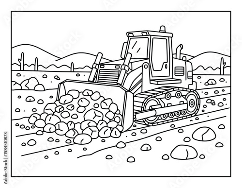 Bulldozer pushing rocks on construction road coloring page simple outline