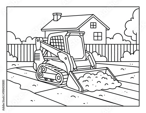Skid steer loader moving soil on residential yard coloring page outline