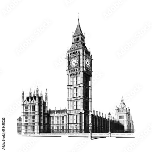 Black and white halftone illustration of the iconic Big Ben clock tower and the Palace of Westminster in London, showcasing historic Gothic architecture.