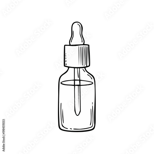 Hand drawn sketch of a glass dropper bottle with serum or essential oil for beauty and skincare