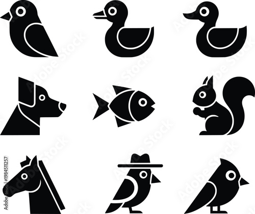 Black silhouettes of various animal icons on white background