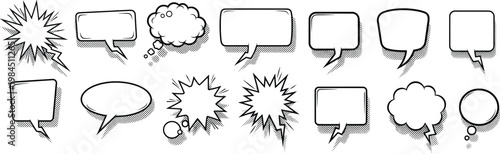Collection of comic book style speech bubbles and text boxes