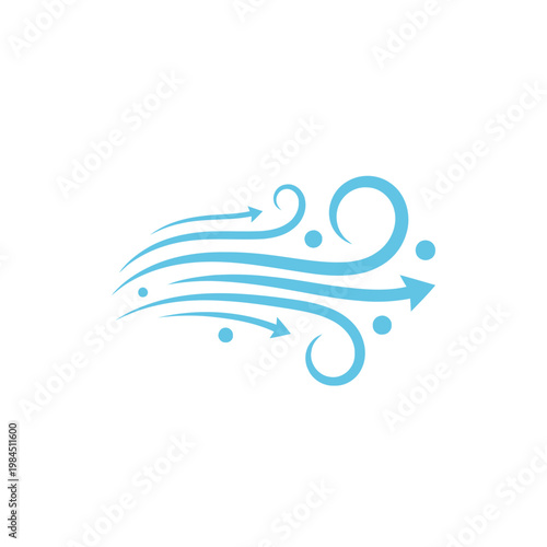 Minimalist vector illustration of swirling air currents and particles, representing wind or airflow in a clean, modern graphic style