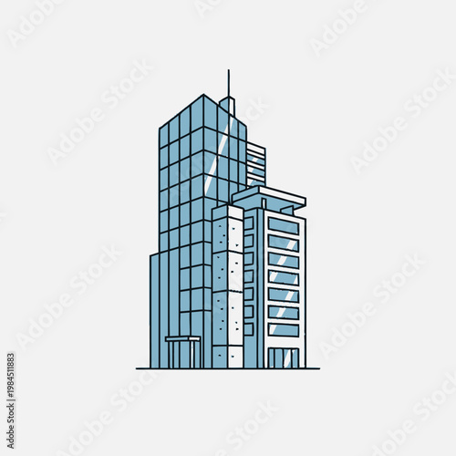 Minimalist blue glass skyscrapers icon depicting modern urban architecture and corporate office buildings on a plain background