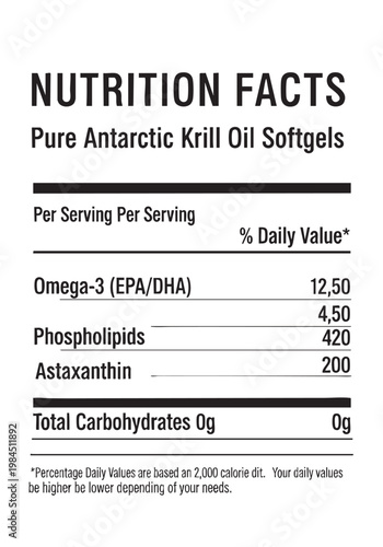 Nutrition facts label for pure Antarctic krill oil softgels on transparent background cut out isolated illustration on transparent background layout