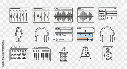 A collection of music production icons including headphones, microphone, and software interfaces on a transparent background