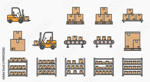 Forklift operates in warehouse with boxes on pallets and shelves nearby indoors