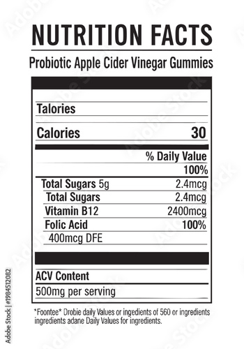 Probiotic ACV gummies nutrition information displayed on transparent background cut out isolated illustration on transparent background layout