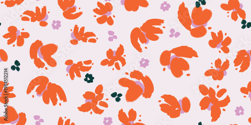 A floral seamless vector pattern in vibrant orange, lilac and deep teal on soft cream background with hand-painted organic blooms