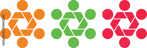 Geometric patterns composed of circles and triangles in three distinct color schemes