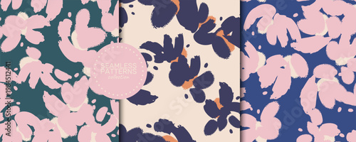 A seamless vector patterns collection in teal, navy and deep blue with soft pink and cream floral blooms