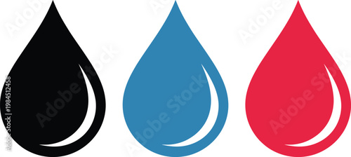 Three colored water droplets symbolizing different states or types of water