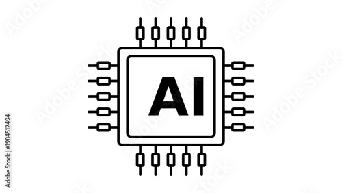 AI Chip and Artificial Intelligence Microprocessor Minimalist Black Line Vector Icon on White Background with Editable Stroke for Technology, Computing, Machine Learning, and Future Innovation.
