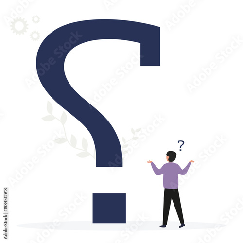 Big question mark or big problem to solve or finding solution, doubt or uncertainty, thinking to make a decision, difficult question concept, young man thinking while looking at a big question mark. v