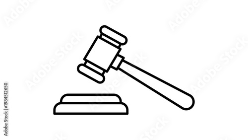 Minimalist Judge Gavel and Sound Block Vector Icon Illustration with Editable Stroke. Clean Black Line Art Symbol for Law, Justice, Courtroom, and Auction, Isolated on White Background.