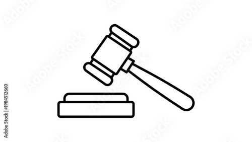 Minimalist black line vector icon illustration of a judge's gavel and sound block on white. Features an editable stroke for customizable line weight, representing law, justice, and courtrooms.