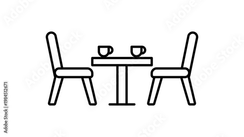 Minimalist black line vector illustration of two chairs and a table with coffee cups, perfect for interview or meeting concepts, featuring an editable stroke and scalable outline design.