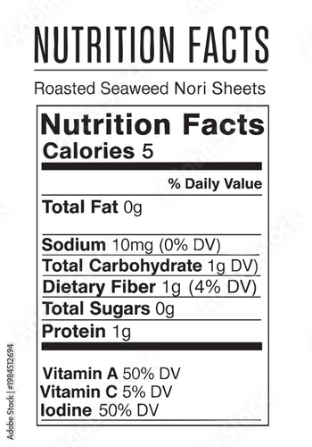 Nutrition facts label for roasted seaweed nori sheets on transparent background cut out isolated illustration on transparent background layout