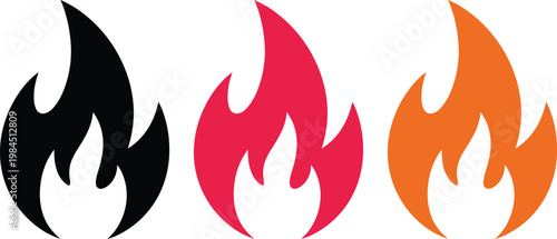 Three stylized flames in varying colors representing fire elements
