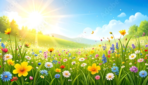 Flower field in sunny day.