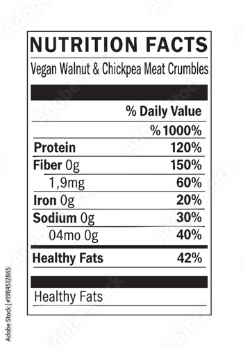 Nutrition facts label for vegan walnut chickpea meat crumbles on transparent background cut out isolated illustration on transparent background layout