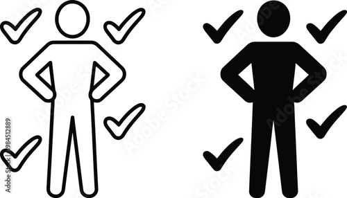 Illustrations of positive feedback symbols around stick figures with different styles