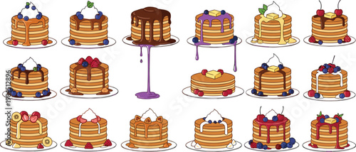 Set of Colorful Pancakes with Various Toppings and Syrups for Food, Dessert, and Breakfast Themes