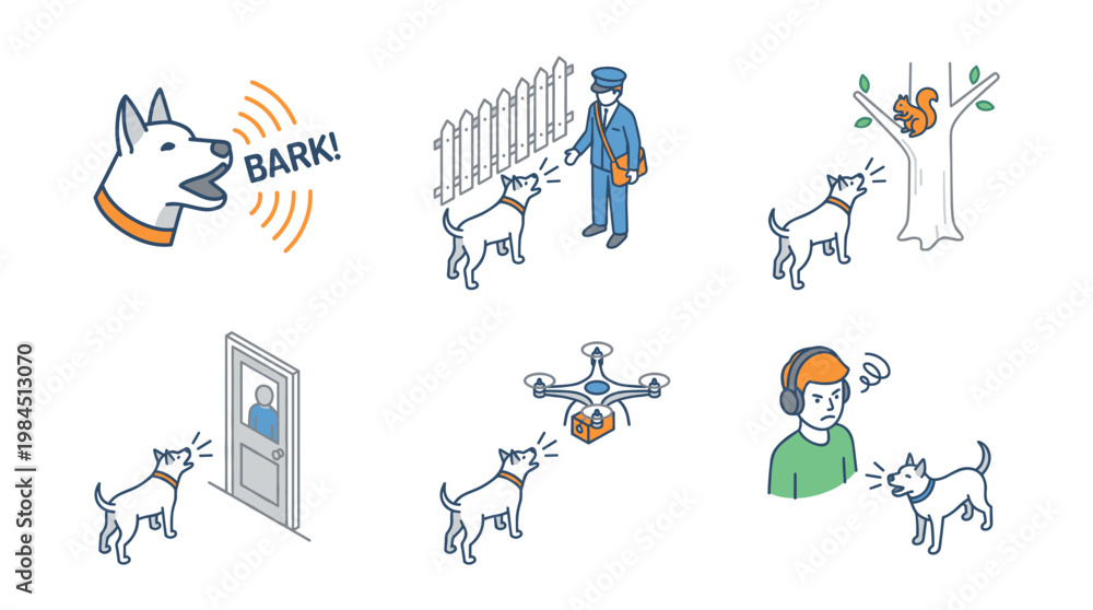 Fototapeta premium Isometric barking dog vector set illustrating a pet reacting to a postman, squirrel, drone, and strangers, great for animal behavior, security, and obedience training concepts.