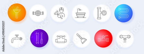 Plumbing set icon. Sink, pipe, valve, wrench, repair, water, tap, drainage, pipeline, maintenance, service, bathroom, equipment, flow, system, leakage, sanitation.