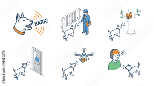 Isometric barking dog vector set illustrating a pet reacting to a postman, squirrel, drone, and strangers, great for animal behavior, security, and obedience training concepts.