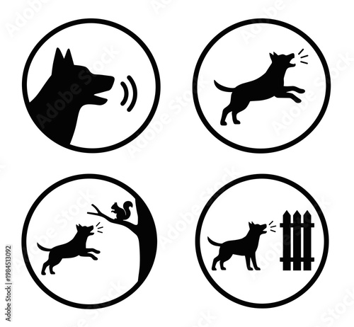 Set of round barking dog vector icons featuring black silhouettes of a pet barking at a squirrel in a tree, guarding a fence, and making loud noises for animal behavior concepts.