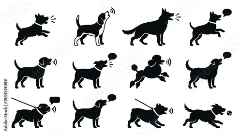 Black silhouette barking dog vector collection displaying multiple breeds in various aggressive and playful stances with speech bubbles, fit for pet communication and training art.