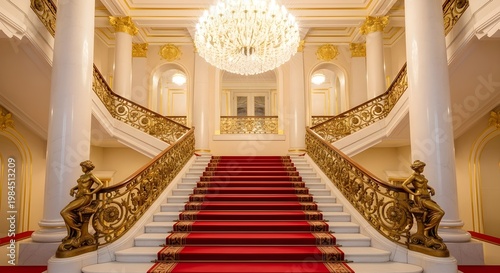 Grand Luxury Palace Entrance with Red Carpet Staircase and Ornate Gold Railings
