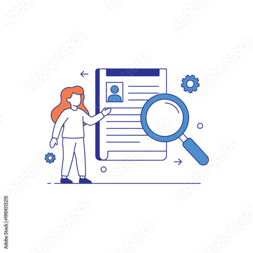 Woman Examining Document with Magnifying Glass for Analysis.