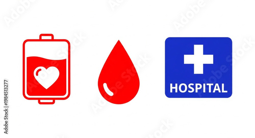 Blood donation bag drop and hospital sign icons.