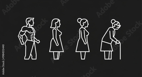 Human life cycle stages represented by stylized figures.