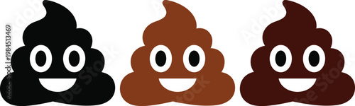 Three expressive poop emojis with varying shades and facial features