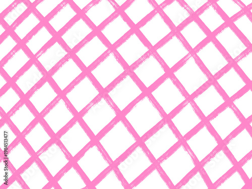 透過背景にピンクの手描き格子模様、可愛い斜めチェックのラスターイラスト素材 / Cute pink hand-drawn grid pattern on transparent background, diagonal plaid raster texture.