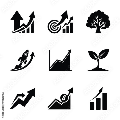 Set of Black Growth and Success Icons Featuring Financial Charts, Rocket Launch, and Organic Progress Symbols