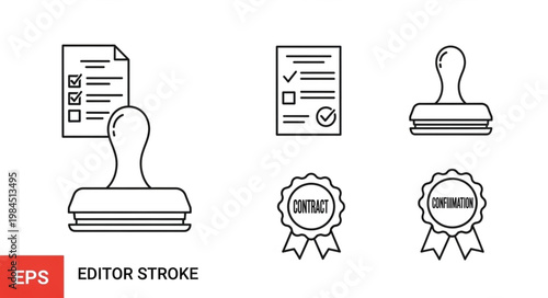 Set of approval stamps and documents icons.