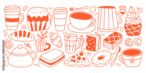 Collection of hand drawn desserts pastries and beverages in orange tones