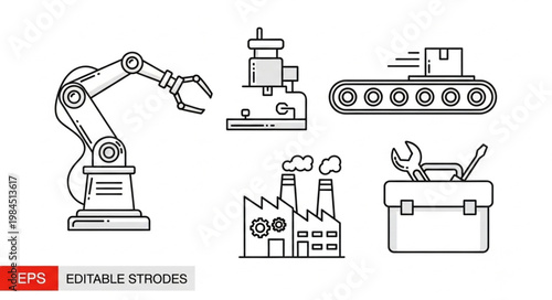 Industrial icons set robotic arm factory conveyor belt tools.
