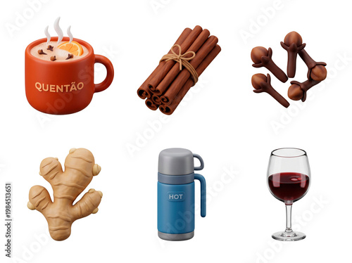 3D render set of Quentão ingredients including cinnamon, ginger, cloves, red wine, mug, and thermos.